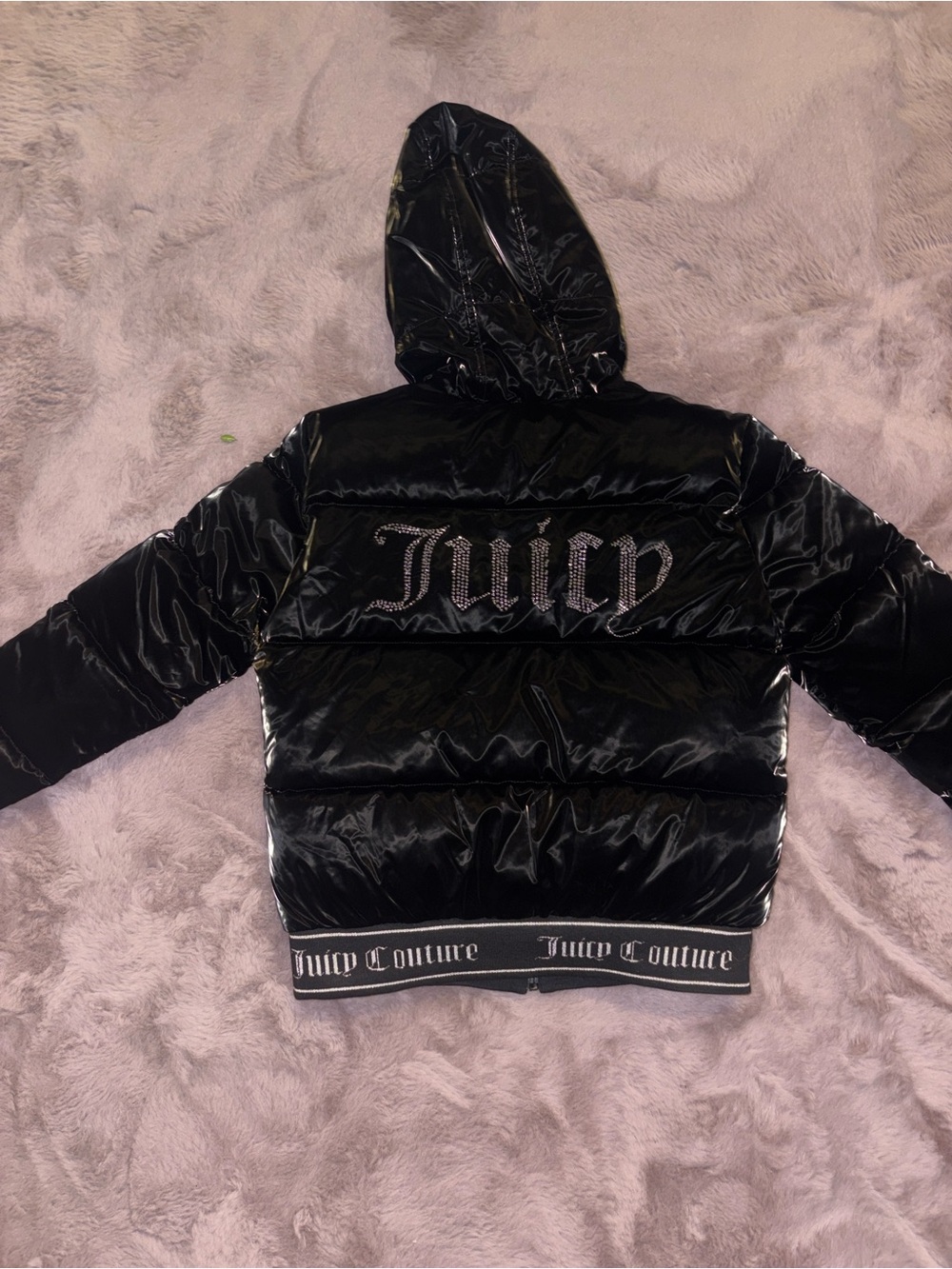 Juicy Couture Girls Black Quilted Puffer Jacket with Rhinestone Logo